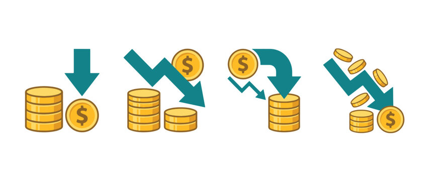 Reduce costs icon set. stacked coins with downward arrow and dollar sign. expense reduction and budgeting concept. vector illustration. Adobe Illustrator Artwork