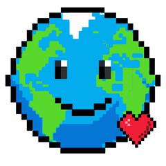 Fototapeta premium retro 8-bit pixel art emoji earth character icon with heart for environmental design.