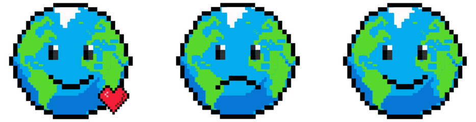 Fototapeta premium Banner Set of retro 8-bit pixel art emoji earth character icons for environmental design.