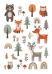Fototapeta premium Cute Scandinavian Forest Animal Collection with Bear Fox Deer Owl and Nature Elements for Kids Nursery Decor