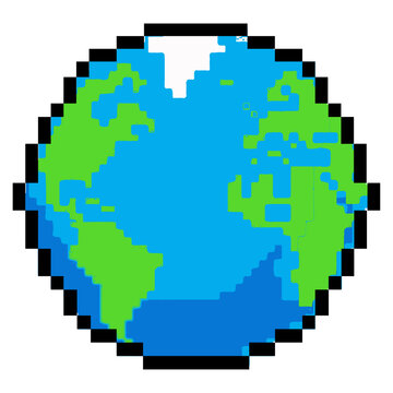 retro 8-bit pixel art earth icon for environmental design.