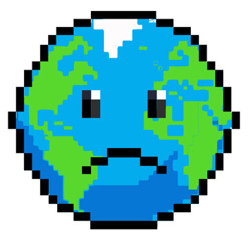 retro 8-bit pixel art emoji earth character icon for environmental design.