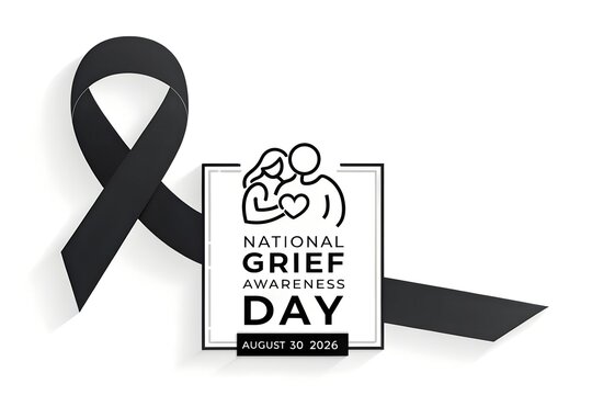 Black awareness ribbon with a minimalist icon of a couple holding a heart shaped symbol designed for the national grief awareness day event celebrated annually on august thirtieth twenty twenty six