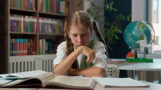 Stressed confused Caucasian little girl child kid has problem with reading book problem studying language sad daughter pupil trying read literature study trouble schoolwork fail at school holding head