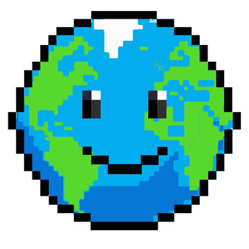 retro 8-bit pixel art emoji earth character icon with a laughing mouth for environmental design.