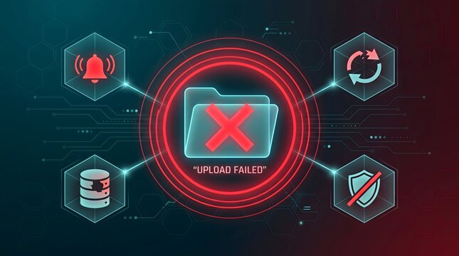 Red upload failed folder icon surrounded by security and server error hex notification.