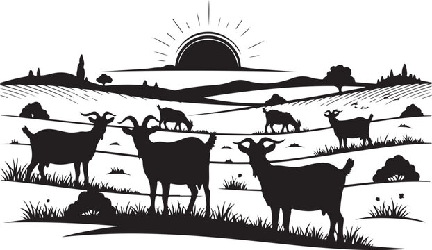 Black silhouette goats in a field at sunrise