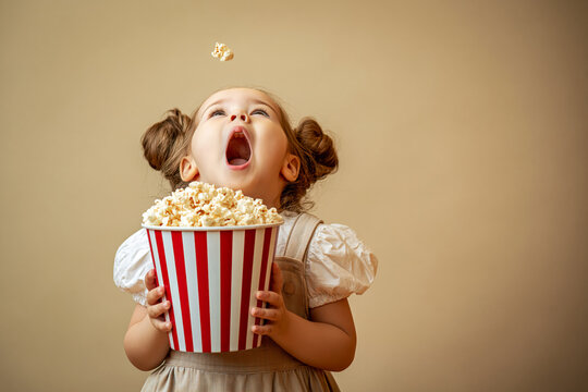 Playful young girl catching popcorn mid air with mouth open holding a red and white striped bucket on a warm beige background.