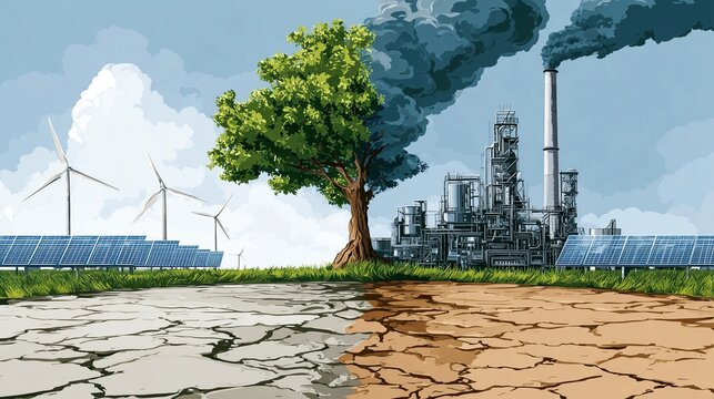 A split digital drawing showing green energy infrastructure on one side and a smoking industrial plant on the other. Concept of eco transition and climate solutions.