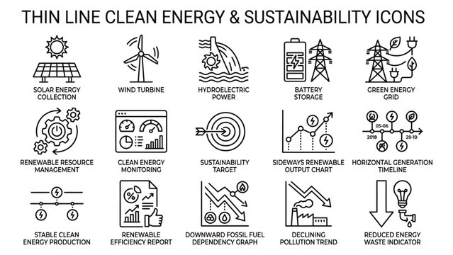 Thin line clean energy and sustainability icons.