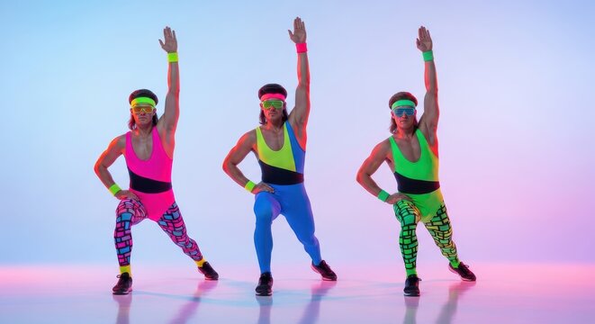 Retro 1980s fitness group of men wearing neon spandex and headbands performing aerobic lunges in a vibrant studio.