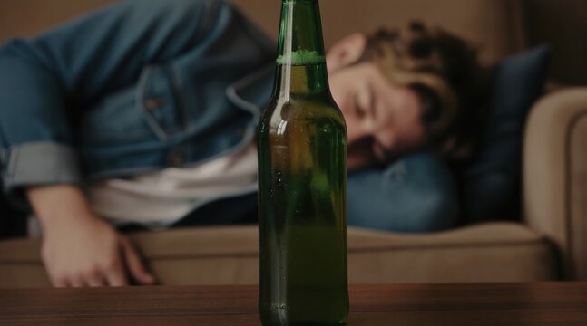 Man with beer bottle asleep on couch. Young adult male alcohol dependency, binge drinking at home. Unconscious person in casual clothes, tired after drinking.
