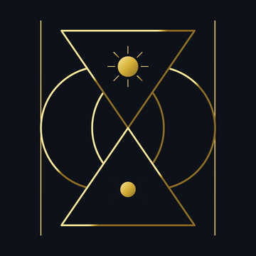 Elegant gold sacred geometry symbol with sun and moon icons on a dark minimalist black background.