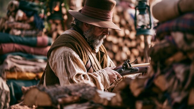 Authentic textures highlight a reenactor in natural light midshot loading a traditional musket with blurred firewood stacks lanterns and fabric rolls enhancing the livinghistory