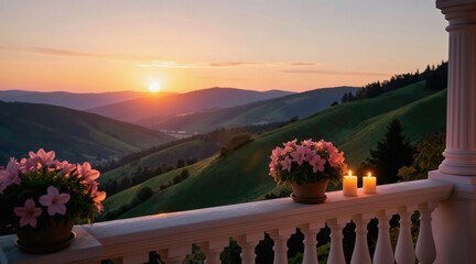 Obraz premium Balcony view of green hills at sunset. Potted flowers and lit candles sit on the railing. Soft light bathes the serene landscape. Peaceful mountain scenery.