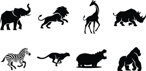 African Safari Animal Silhouette Set Featuring Elephant Lion Giraffe Rhinoceros Zebra Gorilla Hippopotamus and Cheetah © MISBIJLY