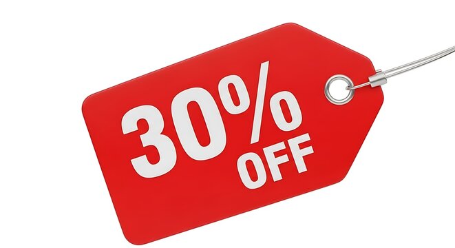 Bold red sale tag showing thirty percent off discount prominently