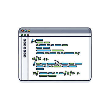 A digital illustration of a computer window displaying abstract code lines