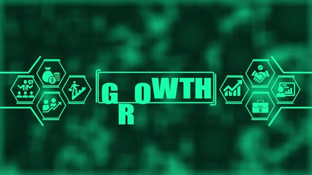 Business growth concept animation with digital hexagon and financial strategy symbols for corporate presentations and marketing strategy projects