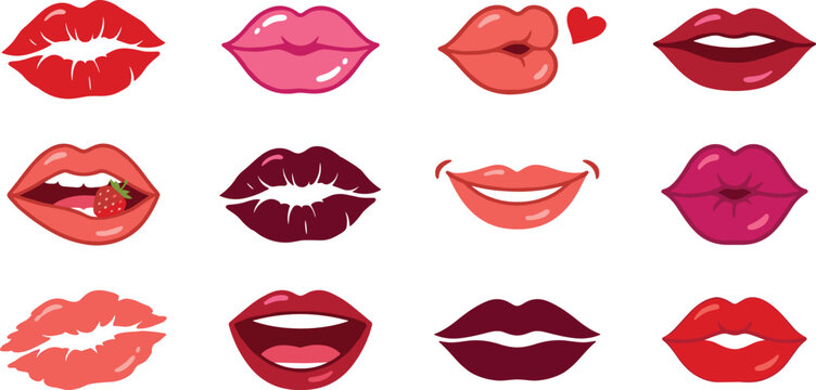 Sexy female red lips set with various expressions kiss smile mouth for beauty makeup concept