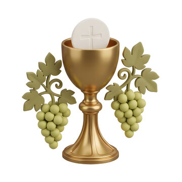 3D Render of Golden Communion Chalice with Host and Grapes