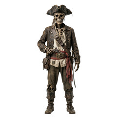 Obraz premium Full body shot of a skeletal pirate captain in tattered clothes holding a flintlock pistol isolated on transparent background