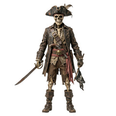 Fototapeta premium Full body shot of a detailed pirate skeleton action figure wearing a tattered coat and hat, isolated on transparent background