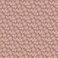 Seamless floral line art pattern with beige outline flowers on dusty rose background © wilda