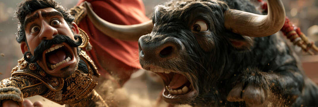 A Frightened Exaggerated Matador Waves a Red Cape at a Massive Charging Bull in a Surreal, Humorous Bullfighting Scene with Cinematic Lighting and Hybrid Style. Generative Ai.