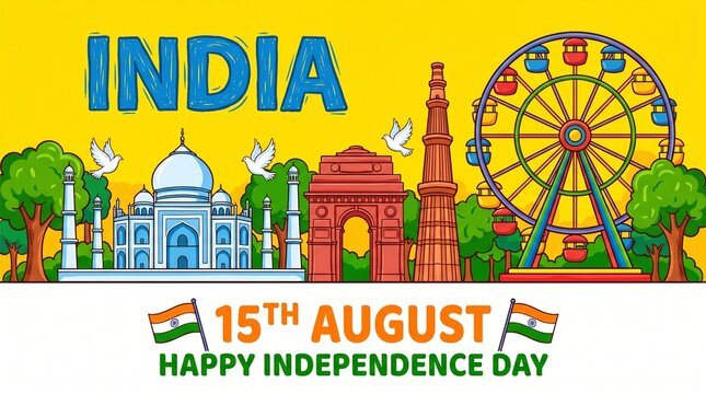 illustration of Famous Indian monument and Landmark for Happy Independence Day of India