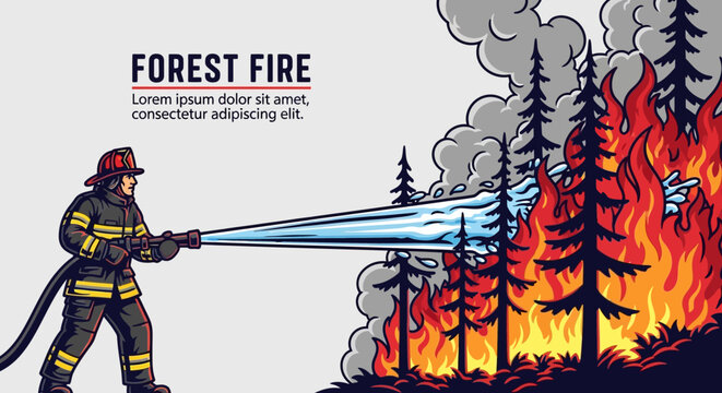 Firefighter spraying water to extinguish a forest wildfire vector illustration