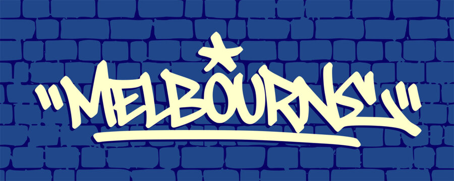 Melbourne Australia city graffiti tag element displaying creative yellow handstyle lettering design on blue brick background for modern urban streetwear clothing poster print clip art.