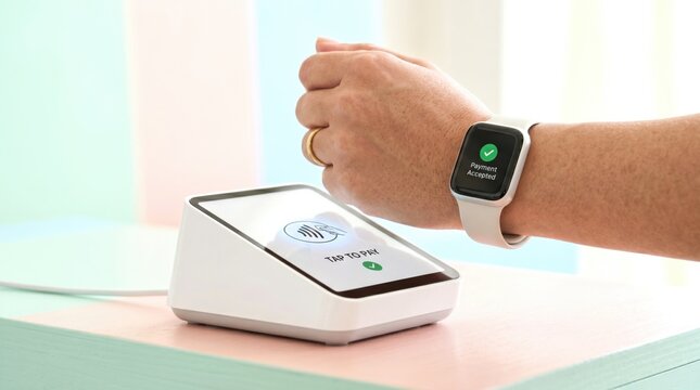 A person uses a smartwatch to make a contactless payment on a modern card reader at a light-colored counter.