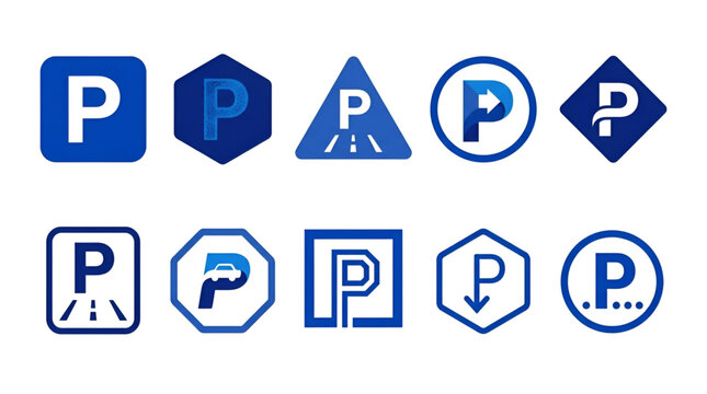 Set of various blue parking sign icons and p symbols in different geometric shapes with navigation transport indicator