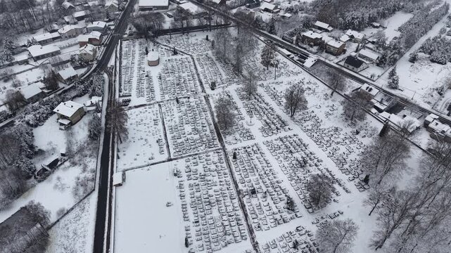 Quiet burial ground covered in fresh winter snow