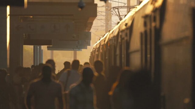 People wait for trains at a busy station during evening hours with a sunset glow