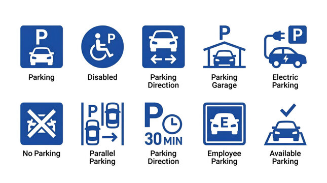 Collection of informative parking signs and traffic vehicle symbols with transport electric disabled parallel