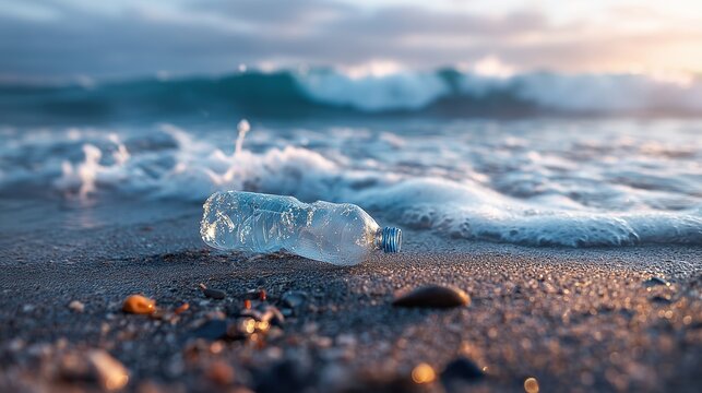Close-up of a plastic bottle on the shoreline with sea foam and waves splashing behind. Conceptual meaning of recycling necessity, conscious consumption, and ocean protection.
