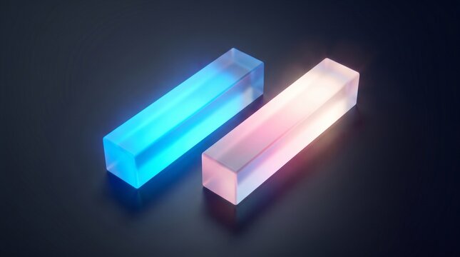 Glowing blue and pink 3D rectangular prisms, neon lit glass blocks, illuminated transparent rectangles, futuristic glowing bars