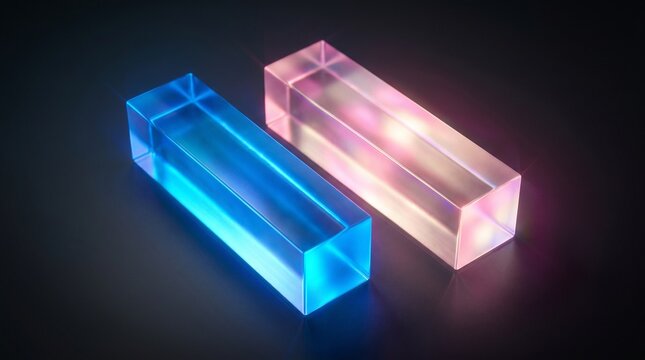 Glowing blue and pink glass or acrylic blocks, illuminated rectangular prisms, colorful transparent objects, neon light effect