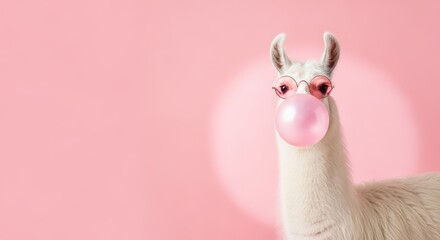 Fototapeta premium Funny White Llama Wearing Pink Sunglasses Blowing a Bubblegum Bubble on a Pink Background with Copy Space