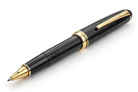 Elegant black fountain pen featuring a textured crocodile leather pattern and polished gold accents resting on a clean white surface capturing a sophisticated professional writing instrument for luxur