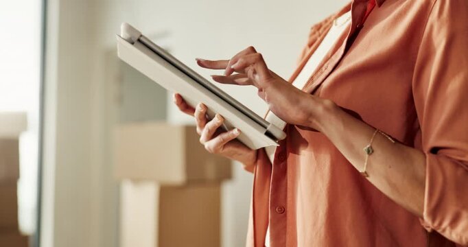 Research, tablet and hands of woman in new home for online shopping, purchase or ecommerce. Digital technology, scrolling and female person with order on app for creative renovation in apartment.