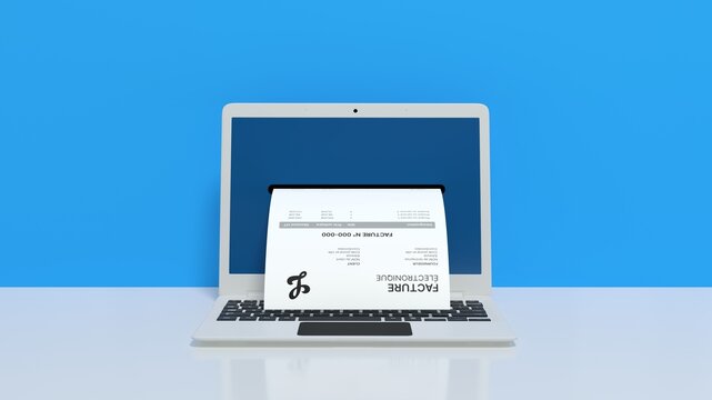 Facture &eacute;lectronique qui sort d'un &eacute;cran d'ordinateur portable - rendu 3D	
