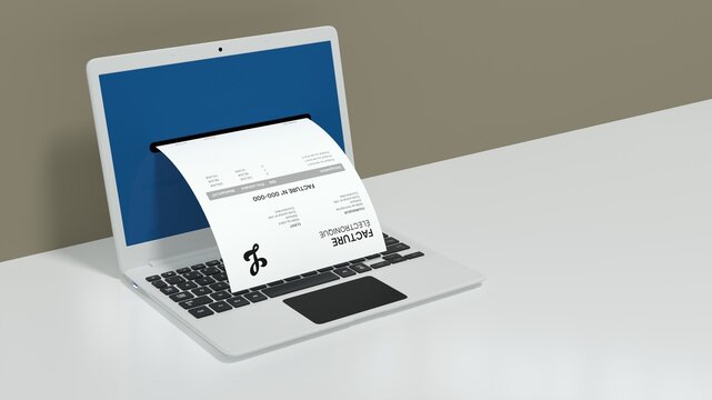 Facture &eacute;lectronique qui sort d'un &eacute;cran d'ordinateur portable - rendu 3D	
