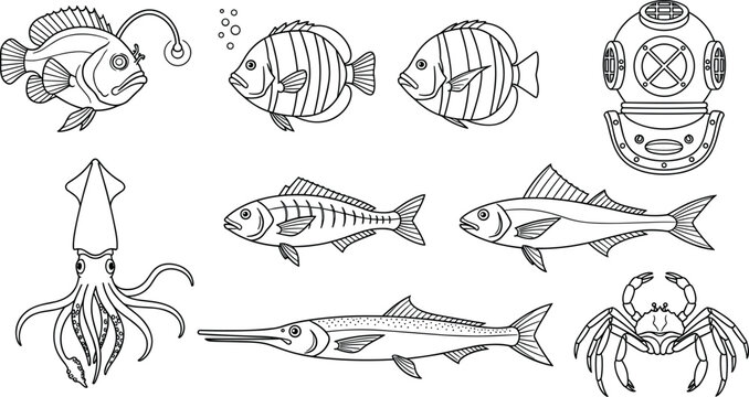 Sea Life and Deep Ocean Creature Line Art Vector Set with Fish Squid Crab and Vintage Diving Helmet for Coloring PagesSea Life and Deep Ocean Creature Line Art Vector Set with Fish Squid Crab and Vint