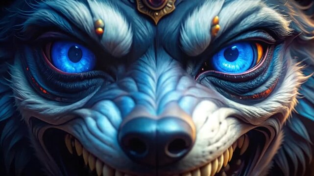 Fierce Blue Eyed Werewolf Face Roaring with Aggressive Expression, Detailed Creature Portrait, Dark Background