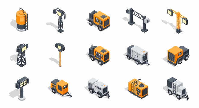 Set of isometric construction equipment and lighting elements on a white background.