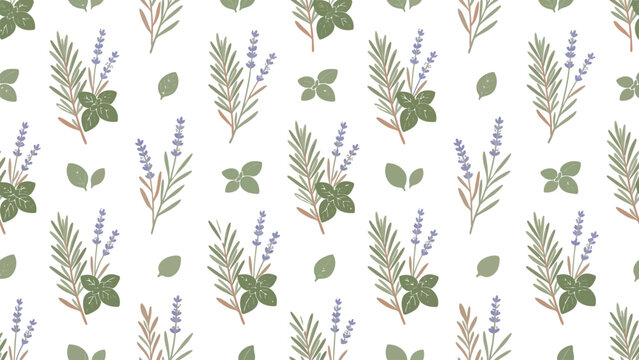 Repeating botanical leaf pattern with various green and purple sprigs on white background.