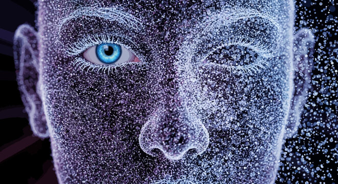 Abstract Human Face with Digital Pixelation and Blue Eye.